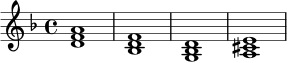 \new Staff \relative c' {
\key d \minor
\time 4/4
<d f a>1 |
<bes d f>1 |
<g bes d>1 |
<a cis e>1 |
}