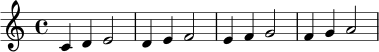 \relative c' {
\clef treble
\key c \major
\time 4/4
c4 d e2 | d4 e f2 | e4 f g2 | f4 g a2
}