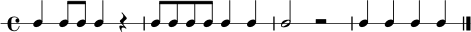 \new RhythmicStaff { \time 4/4 c4 c8 c c4 r | c8 c c c c4 c | c2 r | c4 c c c | \bar "|." }