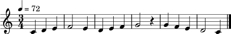 
\relative c' {
  \clef treble
  \key c \major
  \time 3/4
  \tempo 4 = 72
  c4 d e | f2 e4 | d4 e f | g2 r4 | g4 f e | d2 c4 \bar "|."
}
