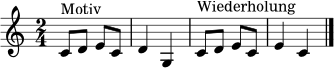\relative c' {
\clef treble
\key c \major
\time 2/4
c8^\markup { Motiv } d e c | d4 g, |
c8^\markup { Wiederholung } d e c | e4 c \bar "|."
}