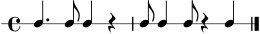 
\version "2.22.0"
\score {
  \new RhythmicStaff {
    \time 4/4
    c4. c8 c4 r4 | c8 c4 c8 r4 c4 \bar "|."
  }
  \layout { }
  \midi { \tempo 4 = 78 }
}

