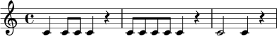 {
\clef treble
\time 4/4
c'4 c'8 c'8 c'4 r4 | c'8 c'8 c'8 c'8 c'4 r4 | c'2 c'4 r4
}