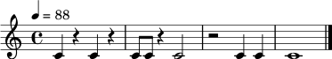 \relative c' { \set Staff.midiInstrument = "woodblock" \tempo 4 = 88 \clef treble \time 4/4 c4 r4 c4 r4 | c8 c8 r4 c2 | r2 c4 c4 | c1 \bar "|." }