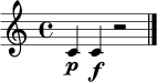 \relative c' { \clef treble \time 4/4 c4\p c4\f r2 \bar "|." }