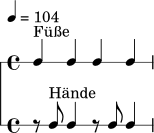 
\version "2.22.0"
\header { tagline = ##f }
\paper { indent = 0\mm }
\score {
  <<
    \new RhythmicStaff {
      \tempo 4 = 104
      \time 4/4
      c4^\markup { "Füße" } c4 c4 c4
    }
    \new RhythmicStaff {
      \time 4/4
      r8 c8^\markup { "Hände" } c4 r8 c8 c4
    }
  >>
  \layout { }
  \midi { }
}
