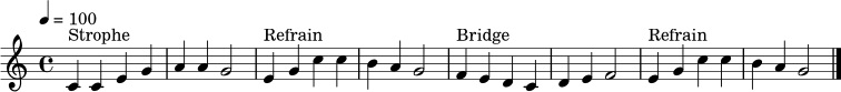 \relative c' {
\clef treble \key c \major \time 4/4 \tempo 4 = 100
c4^\markup { "Strophe" } c e g | a a g2 |
e4^\markup { "Refrain" } g c c | b a g2 |
f4^\markup { "Bridge" } e d c | d e f2 |
e4^\markup { "Refrain" } g c c | b a g2 \bar "|."
}