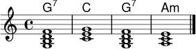 \version "2.24.0"
\header { tagline = ##f }
\score {
<<
\new ChordNames \chordmode { g1:7 c g:7 a:m }
\new Staff \relative c' {
\clef treble
\key c \major
\time 4/4
<g b d f>1 | <c e g>1 | <g b d f>1 | <a c e>1 \bar "|."
}
>>
\layout { indent = 0\mm }
\midi { \tempo 4 = 70 }
}