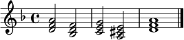 \relative c' {
\key d \minor
\time 4/4
<d f a>2 <bes d f> |
<c e g>2 <a cis e> |
<d f a>1 \bar "|."
}