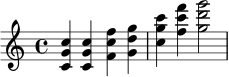 \relative c' {
\time 4/4
<c g' c>4 <c g' c>4 <f c' f>4 <g d' g>4 |
<c g' c>4 <f c' f>4 <g d' g>2 |
}