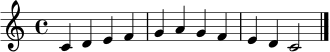 \relative c' {
\clef treble
\time 4/4
c4 d e f | g a g f | e d c2 \bar "|."
}