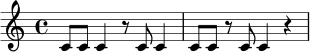 \relative c' {
\time 4/4
\key c \major
c8 c c4 r8 c c4 |
c8 c r8 c c4 r4 |
}