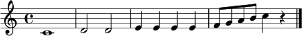 
\relative c' {
  \clef treble
  \time 4/4
  c1 |
  d2 d |
  e4 e e e |
  f8 g a b c4 r \bar "|."
}
