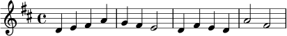 \relative c' {
\key d \major
\time 4/4
d4 e fis a | g fis e2 | d4 fis e d | a'2 fis |
}