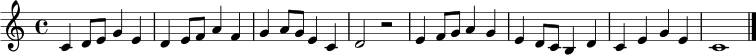 \relative c' {
\clef treble
\key c \major
\time 4/4
c4 d8 e g4 e | d4 e8 f a4 f | g4 a8 g e4 c | d2 r2 |
e4 f8 g a4 g | e4 d8 c b4 d | c4 e g e | c1 \bar "|."
}