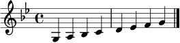 \relative c' { \clef treble \key g \minor \time 4/4 g4 a bes c d es f g \bar "|." }