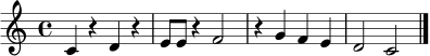 \relative c' {
\clef treble
\time 4/4
c4 r d r | e8 e r4 f2 | r4 g f e | d2 c \bar "|."
}