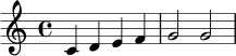 \relative c' { \clef treble \key c \major \time 4/4 c4 d e f | g2 g | }