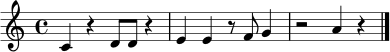 \relative c' {
\clef treble
\time 4/4
c4 r4 d8 d8 r4 |
e4 e4 r8 f8 g4 |
r2 a4 r4 \bar "|."
}