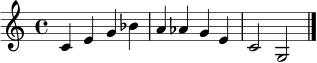 \language "english"
\relative c' {
\time 4/4
\key c \major
c4 e g bf |
a4 af g e |
c2 g2 \bar "|."
}