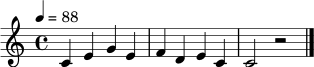 
\relative c' { \tempo 4 = 88 \clef treble \key c \major \time 4/4 c4 e g e | f d e c | c2 r2 \bar "|." }
