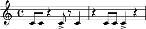 \relative c' {
\time 4/4
c8 c8 r4 c8-> r8 c4 |
r4 c8 c8 c4-> r4 |
}