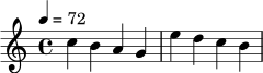 \relative c'' {
\key c \major
\time 4/4
\tempo 4 = 72
c4 b a g | e'4 d c b |
}