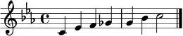\language "english"
\relative c' {
\time 4/4
\key c \minor
c4 ef f gf |
g bf c2 \bar "|."
}