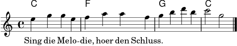\version "2.18.2"
\header { tagline = ##f }
akkorde = \chordmode { c1 f g c }
melodie = \relative c'' {
\key c \major
\time 4/4
e4 g g e | f a a f | g b d b | c2 g2 \bar "|."
}
text = \lyricmode { Sing die Me -- lo -- die, hoer den Schluss. }
\score {
<<
\new ChordNames \akkorde
\new Staff {
\new Voice = "mel" \melodie
}
\new Lyrics \lyricsto "mel" \text
>>
\layout { }
\midi { \tempo 4 = 88 }
}