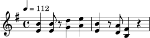 \relative c' {
\key e \minor
\time 4/4
\tempo 4 = 112
<e b'>4 <e b'>8 r <g d'>4 <a e'>4 |
<e b'>4 r8 <d a'>8 <b fis'>4 r4 |
}