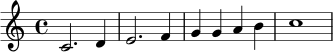 \relative c' { \clef treble \time 4/4 c2. d4 | e2. f4 | g4 g4 a4 b4 | c1 }