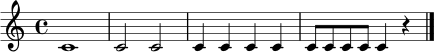\relative c' { \time 4/4 c1 | c2 c2 | c4 c4 c4 c4 | c8 c8 c8 c8 c4 r4 \bar "|." }