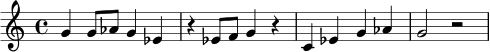 
\relative c'' {
  \time 4/4
  g4 g8 aes g4 ees |
  r4 ees8 f g4 r4 |
  c,4 ees g aes |
  g2 r2 |
}
