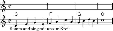 \relative c' {
\key c \major
\time 4/4
<<
\new ChordNames \chordmode {
c1 f g c
}
\new Staff {
c4 e g e | f4 a c a | g4 b d b | c1 \bar "|."
}
\addlyrics {
Komm und sing mit uns im Kreis.
}
>>
}