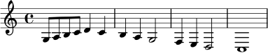 \relative c' {
\key c \major
\time 4/4
g8 a b c d4 c | b4 a g2 | f4 e d2 | c1
}