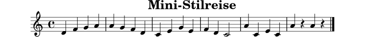 
X:17
T:Mini-Stilreise
M:4/4
L:1/4
K:Ddor
D F G A | A G F D |
K:C
C E G E | F D C2 |
K:Am
A C E C | A z A z |]
