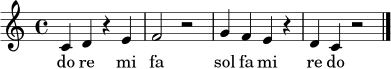 
\relative c' {
\time 4/4
\key c \major
c4 d r e | f2 r2 | g4 f e r | d4 c r2 |
\bar "|."
}
\addlyrics { do re mi fa sol fa mi re do }
