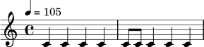 \version "2.24.0"
\drummode {
\time 4/4
\tempo 4 = 105
bd4 sn bd sn |
bd8 bd sn4 bd4 sn4 |
}