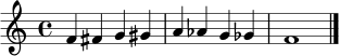 \relative c' {
\clef treble
\time 4/4
f4 fis g gis | a aes g ges | f1 | \bar "|."
}