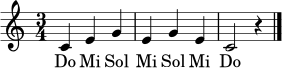 \relative c' {
\clef treble
\time 3/4
\key c \major
c4 e g | e g e | c2 r4 \bar "|."
}
\addlyrics { Do Mi Sol Mi Sol Mi Do }