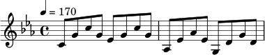 \relative c' {
\tempo 4 = 170
\key c \minor
\time 4/4
c8 g' c g ees g c g |
aes, ees' aes ees g, d' g d |
}