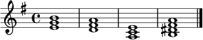 \relative c' {
\key e \minor
\time 4/4
<e g b>1 |
<d fis a>1 |
<a c e>1 |
<b dis fis a>1 |
\bar "|."
}