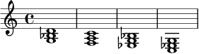 \relative c' {
\time 4/4
<g bes d>1 | <f a c>1 | <ees g bes>1 | <c ees g>1
}