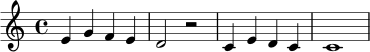 \relative c' {
\time 4/4
e4 g f e |
d2 r2 |
c4 e d c |
c1 |
}