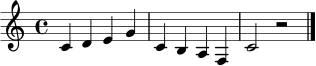 \relative c' {
\clef treble
\key c \major
\time 4/4
c4 d e g | c,4 b a f | c'2 r2 \bar "|."
}