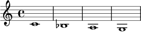 \relative c' {
\key c \major
\time 4/4
c1 | bes1 | a1 | g1 |
}