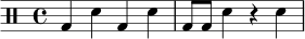 
\new DrumStaff \drummode {
  \time 4/4
  bd4 sn bd sn |
  bd8 bd sn4 r4 sn4 |
}
