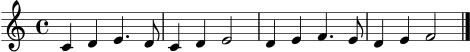 \score {
\new Staff \relative c' {
\clef treble
\key c \major
\time 4/4
c4 d e4. d8 | c4 d e2 | d4 e f4. e8 | d4 e f2 \bar "|."
}
\layout { }
\midi { \tempo 4 = 100 }
}