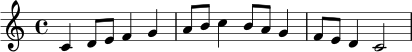 \version "2.24.0"
\paper { indent = 0\mm }
\header { tagline = ##f }
\score {
\new Staff \relative c' {
\clef treble
\key c \major
\time 4/4
c4 d8 e f4 g | a8 b c4 b8 a g4 | f8 e d4 c2 |
}
\layout { }
\midi { \tempo 4 = 88 }
}