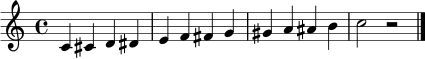 \relative c' { \time 4/4 c4 cis d dis | e f fis g | gis a ais b | c2 r2 \bar "|." }